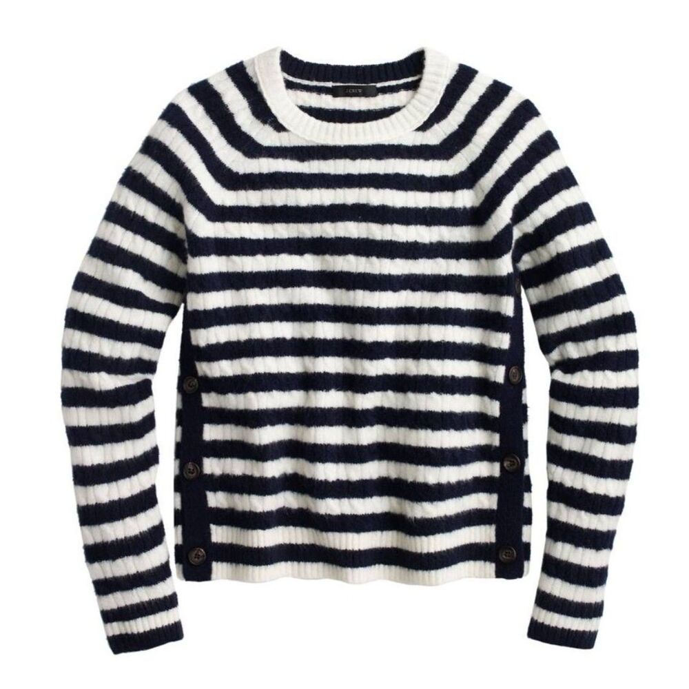 J.Crew Navy and White Stripe Sweater Womens Sz S Buttons-up on the Sides Coastal